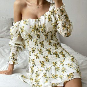 Boho Floral Print Shirred Bardot Chiffon Dress